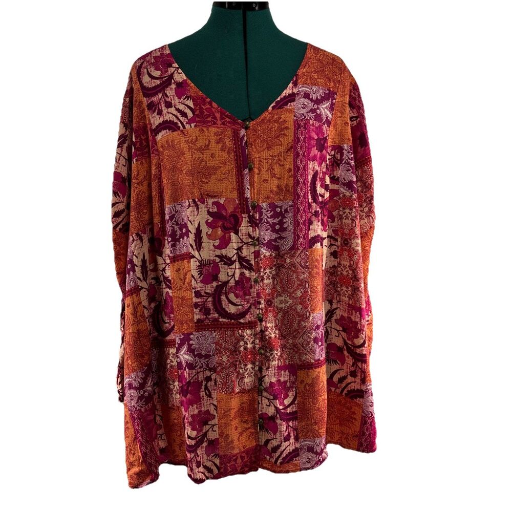Susan Graver Passport 3X Boho Patchwork Floral Peasant Top Tie Sleeve Plus